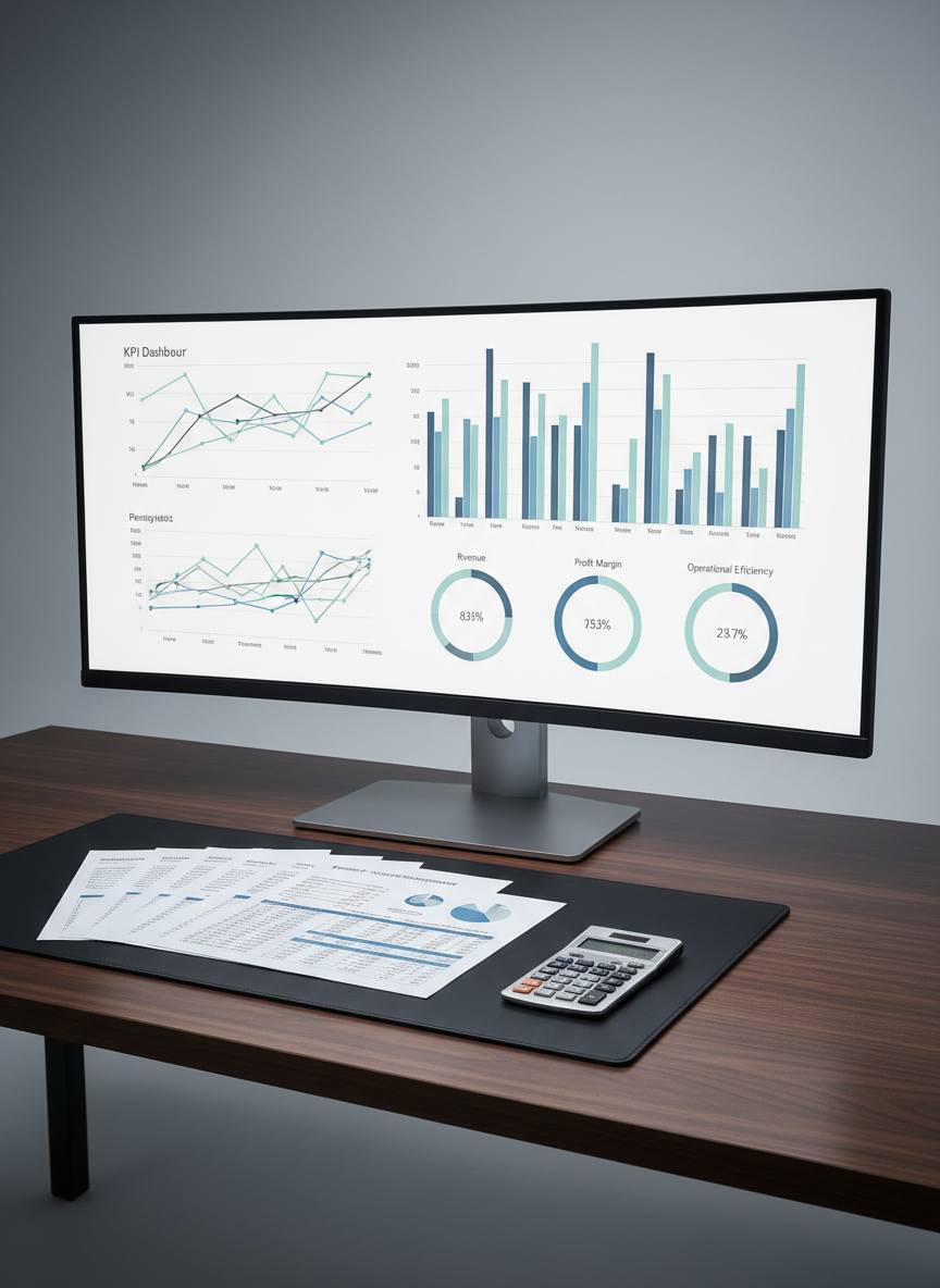 A wide ultra-modern monitor on a dark walnut desk displays a sophisticated KPI dashboard: multi-colored but tastefully restrained line charts, bar graphs, and performance gauges in shades of blue, teal, and slate gray, all on a clean white background. On the desk, a precise row of printed financial forecasts and a slim metallic calculator rest on a smooth leather desk pad. Cool, even studio lighting highlights every surface without harsh glare, creating crisp shadows that define edges. Shot from a slightly off-center, eye-level perspective in photographic realism, with sharp focus throughout, the composition communicates precision, analytical rigor, and confident financial insight.
