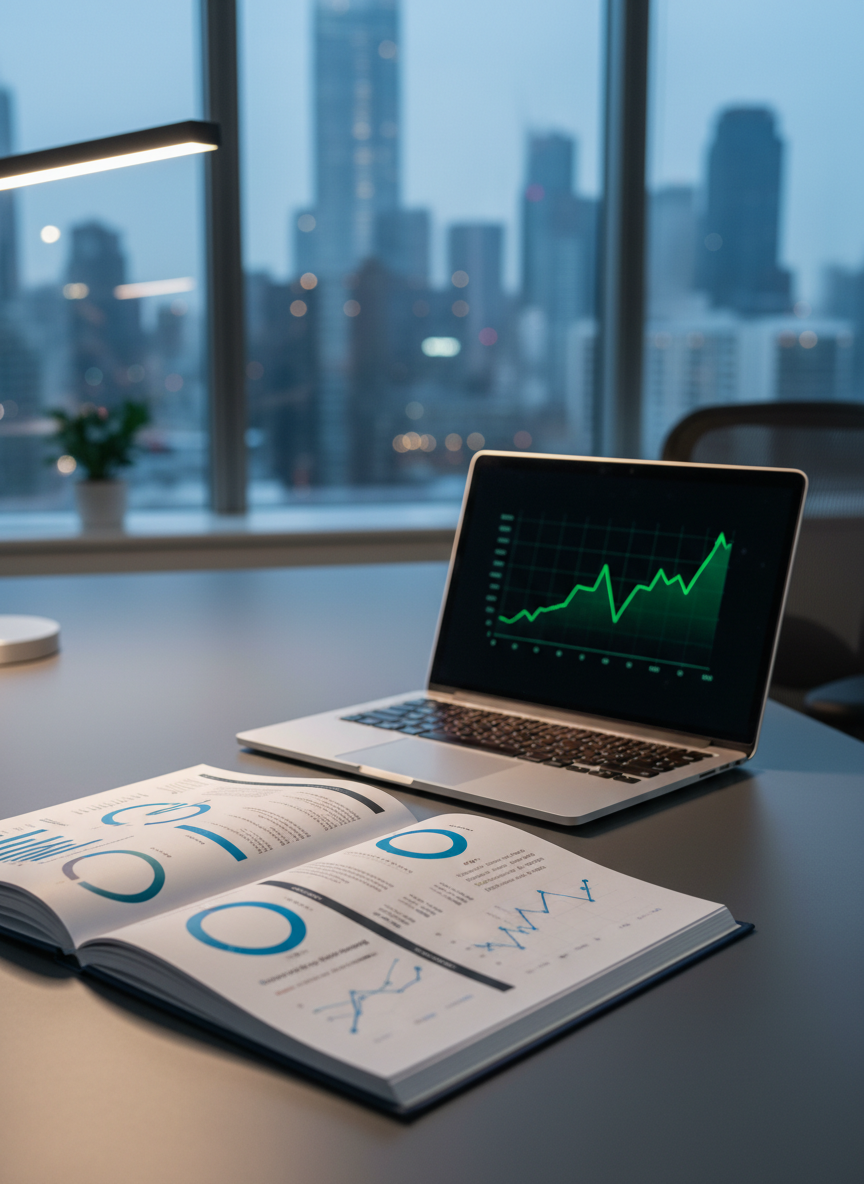 A sleek navy-blue hardcover strategy report lies open on a matte charcoal desk, its pages filled with crisp charts, KPI dashboards, and neatly highlighted trend lines in cobalt and teal. Beside it, a thin brushed-aluminum laptop displays a glowing financial forecast graph on a dark-mode screen. In the background, an expansive window reveals a blurred city skyline at dusk. Cool, diffused natural light mixes with soft white desk-lamp lighting, creating subtle reflections on metal surfaces. Photographic realism at eye level, with shallow depth of field keeping the report and laptop in sharp focus while the city and office details fall into a gentle bokeh, conveying a professional, forward-looking consulting environment.