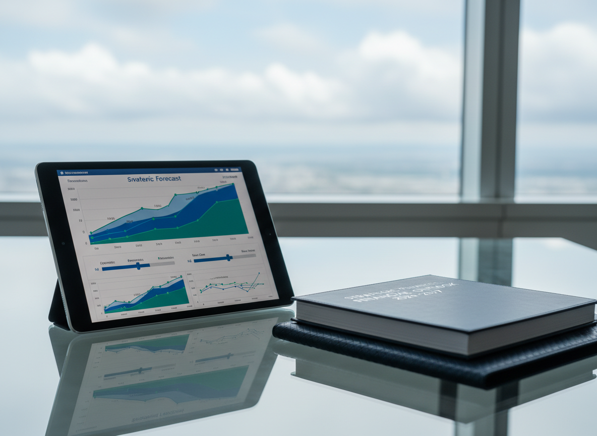 A clean glass-topped desk holds an open, high-resolution tablet displaying a detailed three-year financial forecast, with layered revenue projections, cash-flow curves, and scenario comparison sliders in a sophisticated blue and emerald palette. Next to it, a bound financial analysis report with embossed silver lettering rests atop a dark navy portfolio. Through a blurred background window, faint outlines of clouds and sky suggest elevation and forward vision. Gentle overcast daylight creates a soft, even illumination with minimal contrast, reducing distractions and emphasizing the data. Photographic realism at a slightly elevated angle, with moderate depth of field, creates a calm, analytical atmosphere ideal for conveying expert forecasting and advisory services.