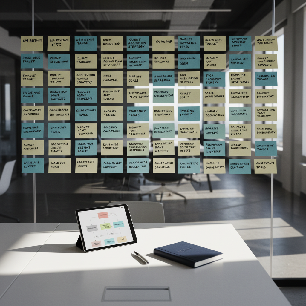 A large transparent glass wall is covered with meticulously arranged sticky notes in muted blues and grays, each bearing cleanly written goals, KPIs, and project milestones. In front, a minimalist white conference table holds a slim digital tablet displaying a structured growth roadmap, alongside a silver pen and a navy leather notebook. Late-afternoon natural light pours through unseen windows, casting soft, elongated shadows and a focused beam across the table’s surface. Captured from a slightly elevated angle in photographic realism, the image emphasizes structure, clarity, and strategic planning, with a calm and organized atmosphere that reflects disciplined business development consulting.