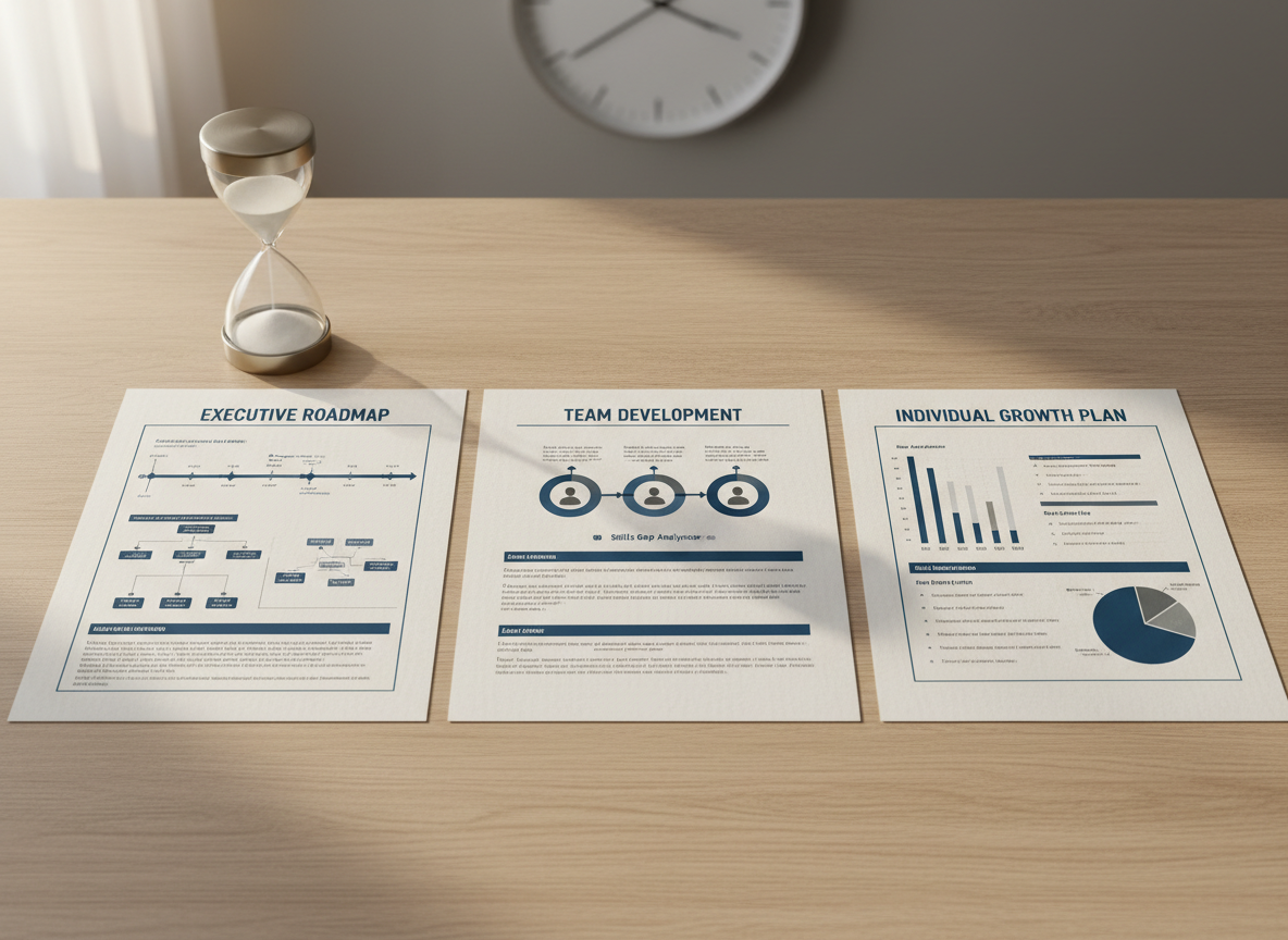 Three distinct growth plans are laid out on a light oak table: one labeled “Executive Roadmap,” one “Team Development,” and one “Individual Growth Plan,” each featuring structured timelines, competency charts, and progress trackers in refined blue and graphite tones. Nearby, a brushed-steel hourglass with fine white sand and a minimalist wall clock in the background subtly suggest time management and progression. Soft morning natural light from the left creates gentle highlights on the paper and metal, casting calm, purposeful shadows. Photographic realism, captured from a top-down bird’s-eye view, with meticulous clarity and balanced composition, conveying thoughtful, structured development planning.